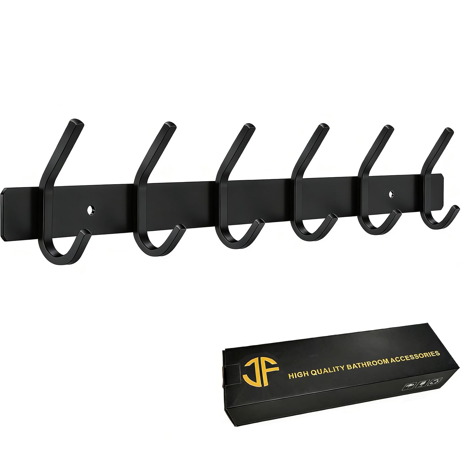 JOLY FANG Wall-Mounted Coat Rack, Stainless Steel Coat Hooks for Bedroom, Bathroom, Kitchen (6-Hook, Black)