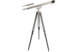 NAVIROCK Nautical Double Barrel Brass Telescope Chrome Finish Antique Wooden Floor Standing Black Tripod Maritime Telescope Royal Hand Craft