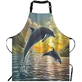 EKOBLA Dolphin Aprons Ocean Jumping Sea Beautiful Sunset Beautiful Landscape Clouds Wave Waterproof Resistant Chef Cooking Kitchen BBQ Adjustable Aprons for Women Men 27x31 Inch