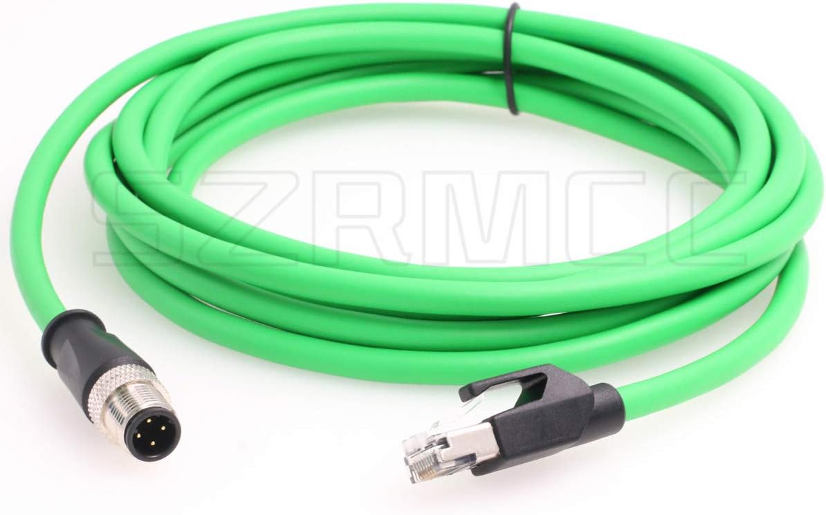 SZRMCC M12 Ethernet Cable D-Code 4 Pin Male to RJ45 Connector High Flex Cat5e Shielded Waterproof Network Cable for Industrial Camera Sensor (3m,Green)