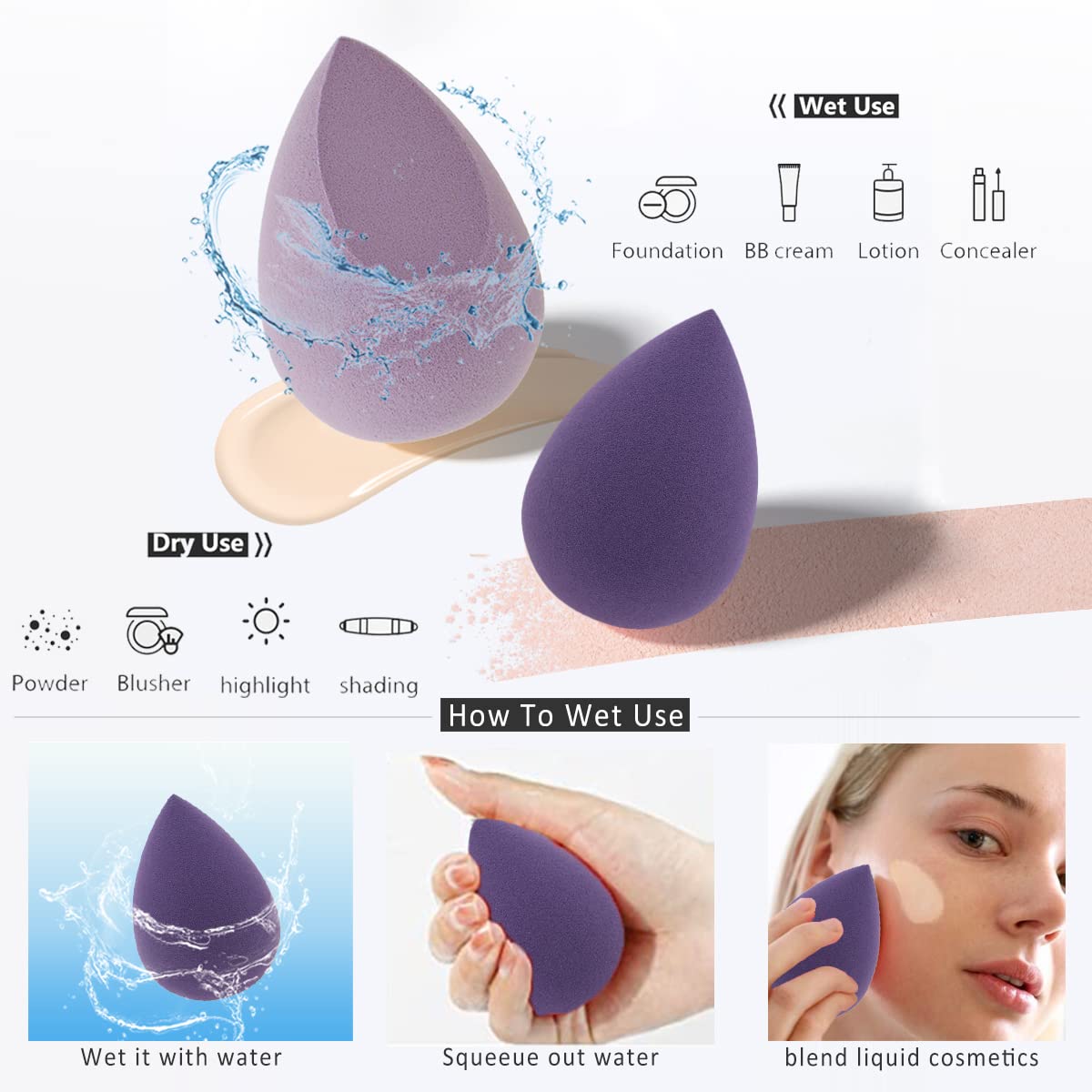 5 Pcs Makeup Sponges Set - 4 Beauty sponges Blending Blenders with 1 Holder and Egg Case, Flawless for Cream, Powder and Liquid (Purple)