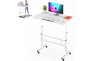 Klvied Small Standing Desk Adjustable Height, Rolling Desk for Sitting and Standing, Mobile Stand Up Desk with Wheels, Portable Laptop Table, Standing Computer Desk for Walking Pad (White)