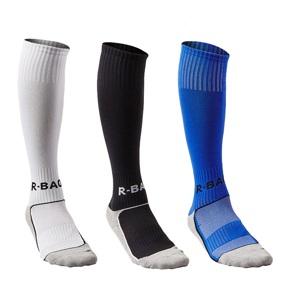 3 Pairs Boys Cushioned Support Football Socks Kids Non Slip Long Compression Sock High Elastic Breathable Soccer Hockey Tube Running Sports Socks for Children 8-13 Years Old (White & Black & Blue)
