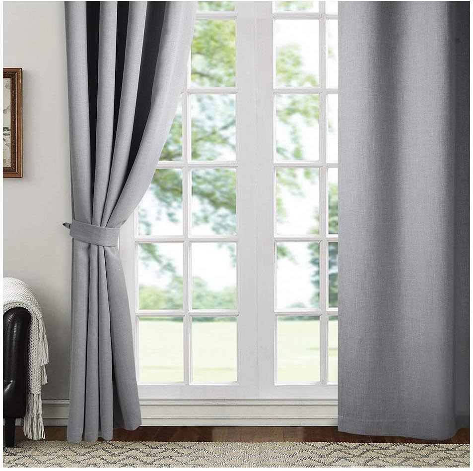 Singinglory Blackout Curtains Faux Linen Thermal Insulated One Pair Pencil Pleat with Tie Backs Curtains for Bedroom & Living Room Grey 90"x90" - Image 3