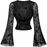 SHENHE Women's Y2k Gothic Grunge Top Mesh Bell Long Sleeve Cowl Neck Slim Fit Fairy Shirt
