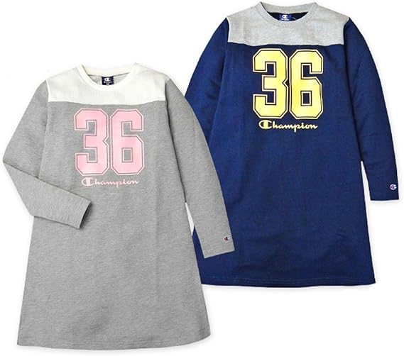 Amazon 子供服 女の子 ワンピース 長袖 Champion チャンピオン 裏毛 ヨーク切替 刺繍 ナンバー ロゴプリント 女児 ジュニア ワンピース チュニック 通販