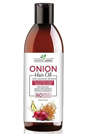 Mystic Lush 250 ML Onion Hair Oil for Men & Women Multipurpose onion hair oil for hair growth/Serum for Complete Hair Treatment with Jatamasi Roots; Bhringraj; Bhrami; Jasmine;Amla; and more.