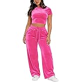 SMSN Women 2 Piece Outfits Velvet Sweatsuit Set Casual Short Sleeve Pullover Tops and Wide Leg Sweatpant Tracksuit Sets