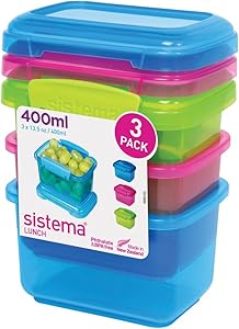 Sistema Lunch Collection Food Storage Containers, Assorted Colors, 13.5 Ounce/1.6 cup each, Set of 3