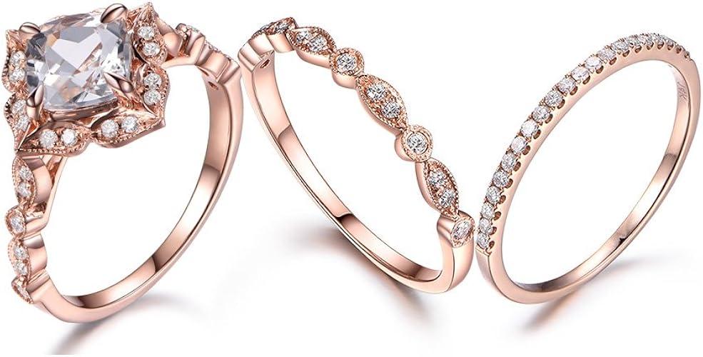 Amazon Com 7mm Cushion White Topaz Wedding Ring Set Floral Halo