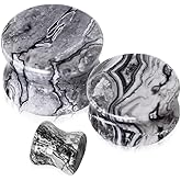 Pierced Owl - Grey Wave Jasper Natural Stone Saddle Plugs, Sold as a Pair