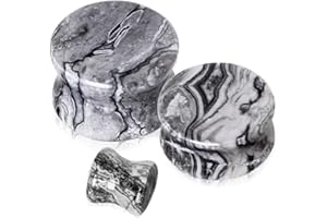 Pierced Owl - Grey Wave Jasper Natural Stone Saddle Plugs, Sold as a Pair