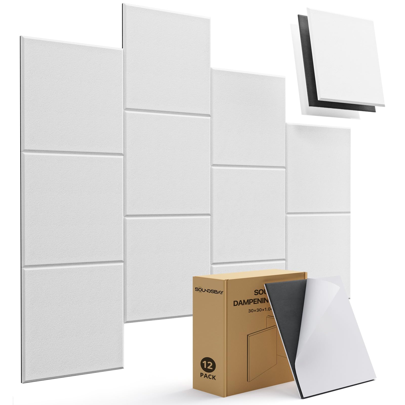 Photo 1 of Mass Loaded Vinyl Soundproof Wall Panels Self-adhesive, 12 Pack Mlv Soundproofing Panels, 12''x12''x0.4'' High Density Square Sound Proof Panels For Walls, Home Office, Reccording Studio White