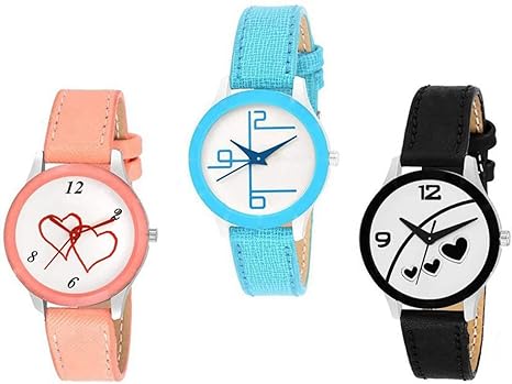 Leather Strap Analogue Multicolour Dial Women's Watch Combo of 3