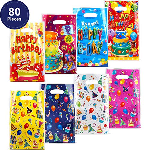 80 Pieces Plastic Party Favor Bags Birthday Gift Goody Bags for Kids Birthday Party Favors, Cake and Balloon Patterns