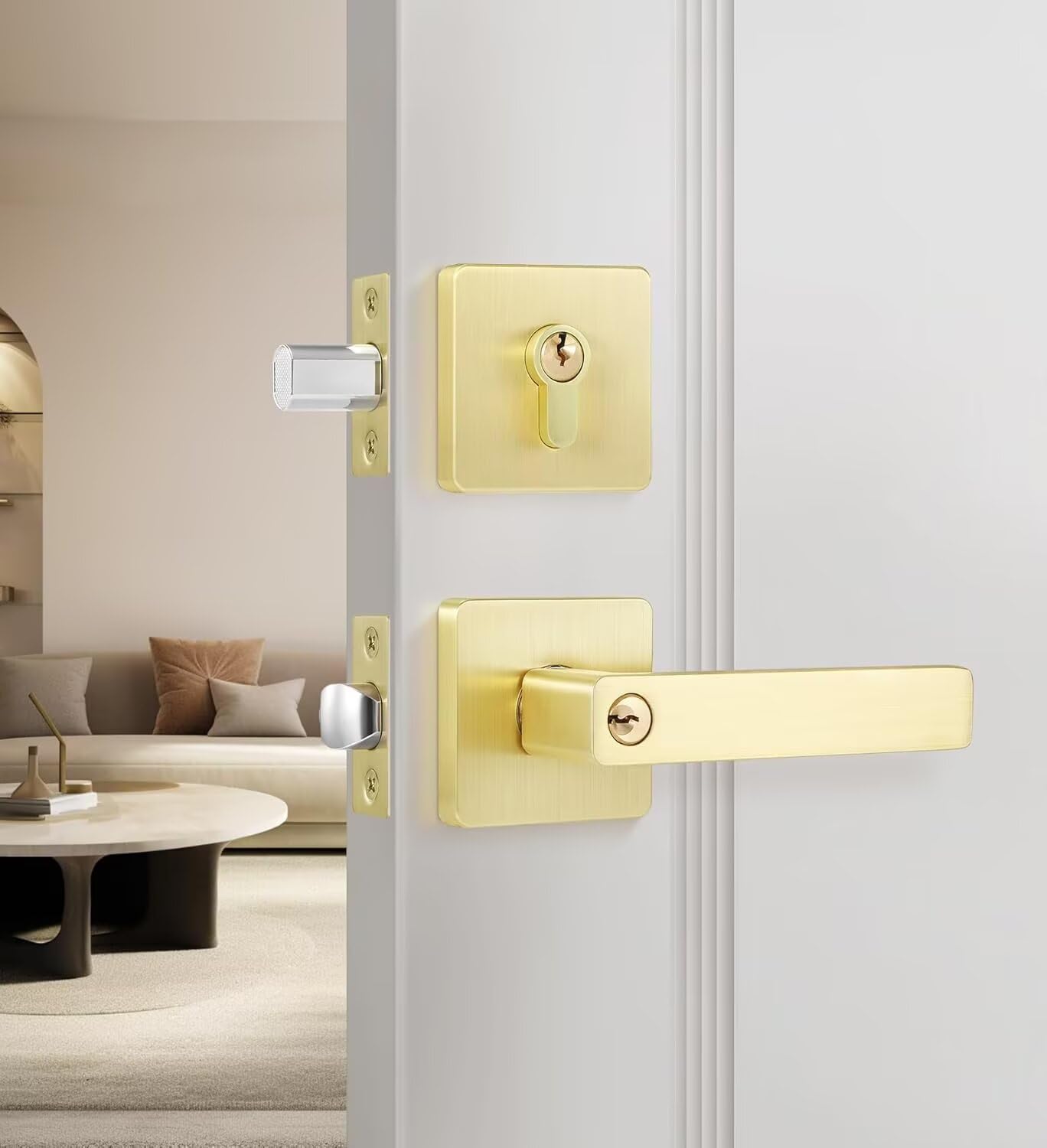 Photo 1 of Leydebong 1 Pack Gold Door Handleset with Single Cylinder Deadbolt Entry Lever Door Handle and Deadbolt Lock and Key Combo Pack Heavy Duty Door Lock for Left or Right-Handed Doors