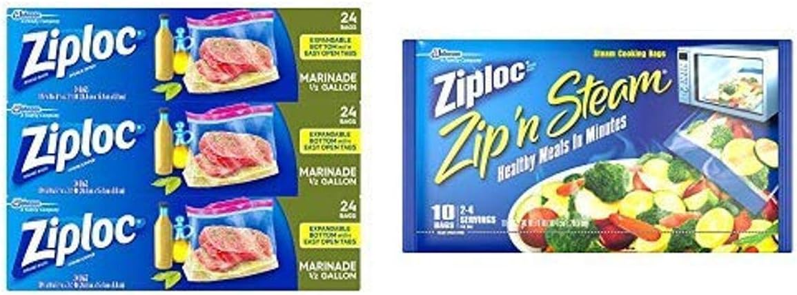 Ziploc Prep Set, 2 ct: All Purpose Marinade Bags, Pack of 3 (24 ct), Medium Zip 'n Steam Bags, Pack of 3 (10 ct)
