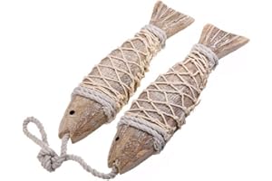 2 Set L Hanging Wooden fish, Wall Decor Hand Carved Nautical Decorated Mediterranean Style Distressed Look Wood Fishing Home 
