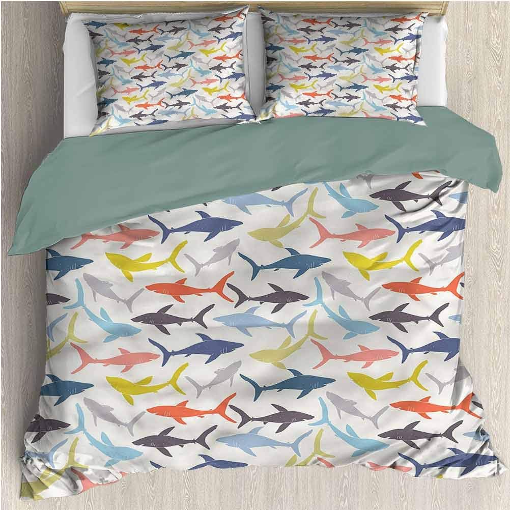 Shark Comforter Bedding Set Full, Printed Modern Comforter Cover-3 Pieces, Wild Fishes in Various Tones Comforter Set Bed for Any Bed Room Or Guest Room
