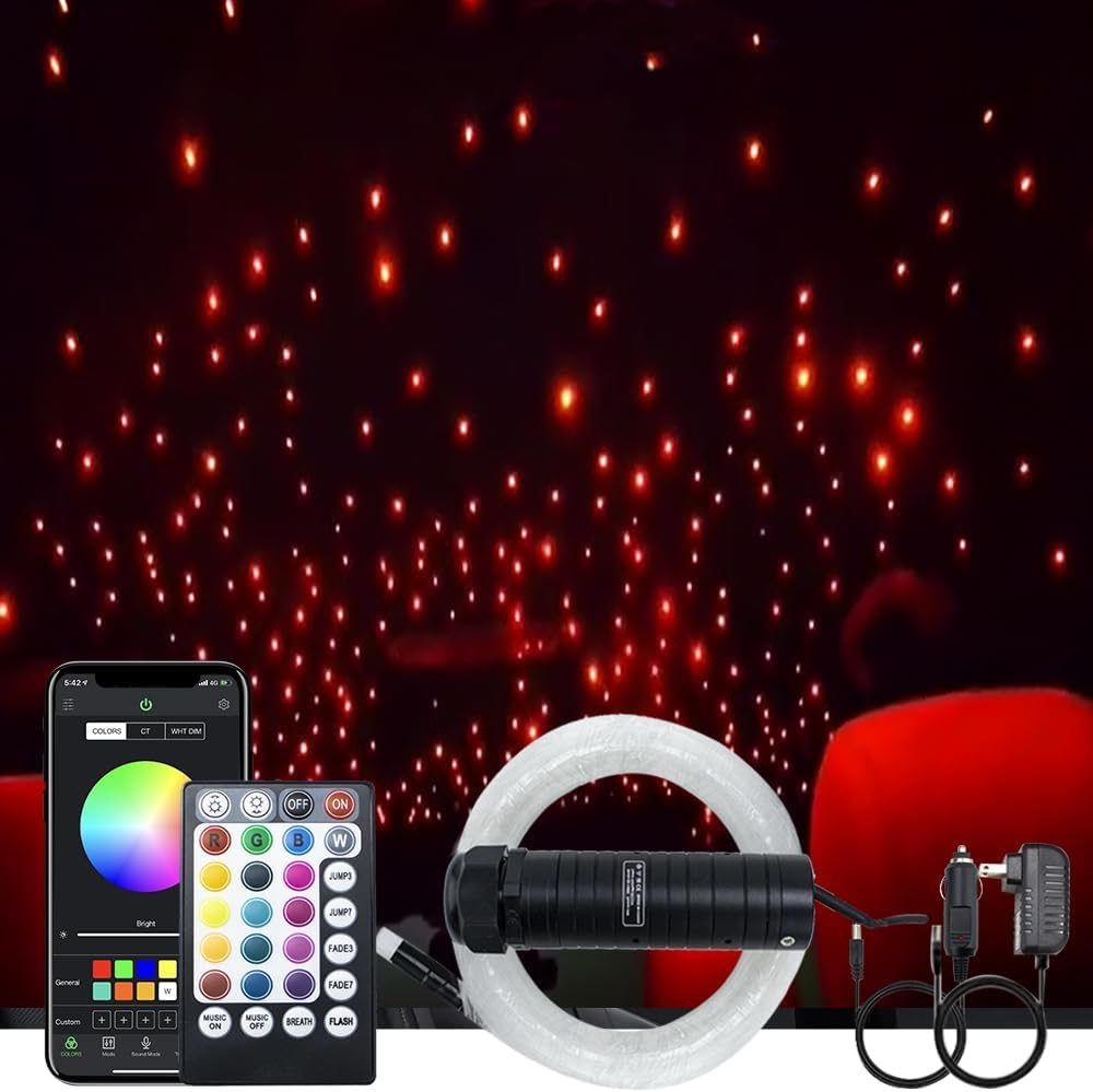 Callsky 6W Car Home Use Remote Control Bluetooth LED Fiber Optic RGBW APP Music+Optical Fiber Cable 295pcs(0.03in+0.04in+0.06in)*9.8ft) Fiber Optic Lights Kit with Adapter+Cigarette Lighter