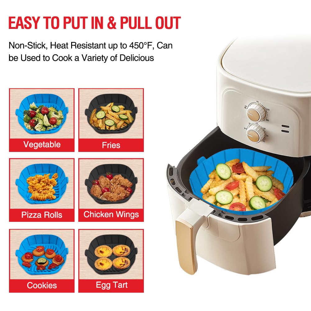 Air Fryer Silicone Liners for 2 to 3 QT Small Air Fryers, Non-Stick Reusable Silicone Pot Basket Bowl Liner Baking Tray Air Fryer Accessories, 2 Pack Square Airfryer Liner Insert