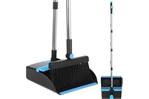 VOOWO Broom with Dustpan Combo Set, Broom and Dustpan Set for Home, Kitchen Broom for Sweeping Indoor Outdoor, Dust Pan with Long Handle, Broom with Dustpan for Office Lobby Floor Cleaning (Blue)