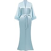 PRODESIGN Satin Kimono Robe Long Silky Bathrobe with Ostrich Feather Trim Sleepwear Wedding Bridesmaid Dressing Gown