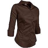 NE PEOPLE Button Down Shirt - Women's 3/4 Sleeve Roll Up Stretch Collar Office Work Formal Casual Basic Blouse Top (S-6XL)