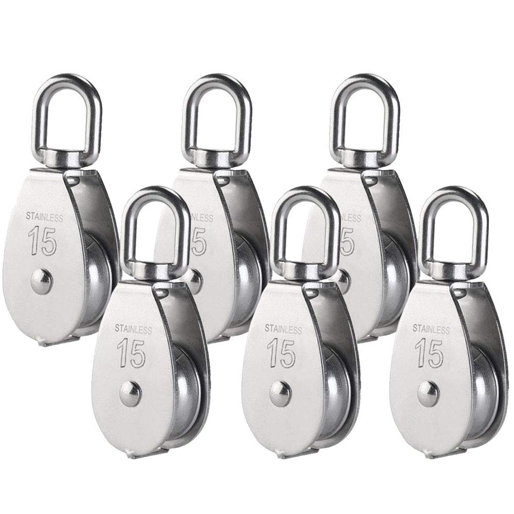 POFET 6Pcs Single Pulley Block, 304 Stainless Steel Pulley Roller, M15 Lifting Crane Swivel Hook Bearings, Hanging Wire Towing Wheel Loading 35kg/77lbs