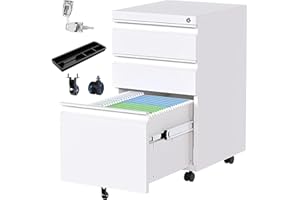 Aobabo 3 Drawer File Cabinet with Lock,Metal Filing Cabinet with Wheels for Home Office & Business Enterprise, Legal/Letter Size, No Assembled Required, White