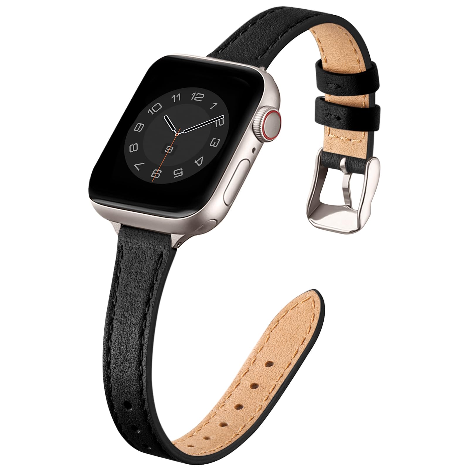 SUNFWR Leather Strap Compatible with Apple Watch Straps 42mm(Series 3 2 1) 44mm 45mm 46mm 49mm,Genuine Slim&Thin Replacement Band for iWatch Series 11 10 9 8 7 6 5 4 3 2 1/SE(Black&Starlight) — image 1