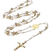 Religious Rosary Beaded Cross Necklace: Christian Beaded Stainless Steel Pearl Virgin Mary Medallion Y Necklace Jewelry Gifts for Women Men
