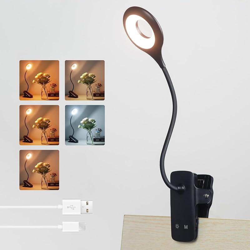 Akynite 3W Rechargeable Clip On Reading Lamp Type C 5 Colours 5 Brightness