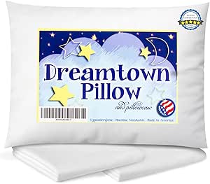 Dreamtown Kids Toddler Pillow with Pillowcase 14x19 White - Chiropractor Recommended. Made in USA. Ideal for Daycare, Baby Cribs, Toddler beds and car Rides.