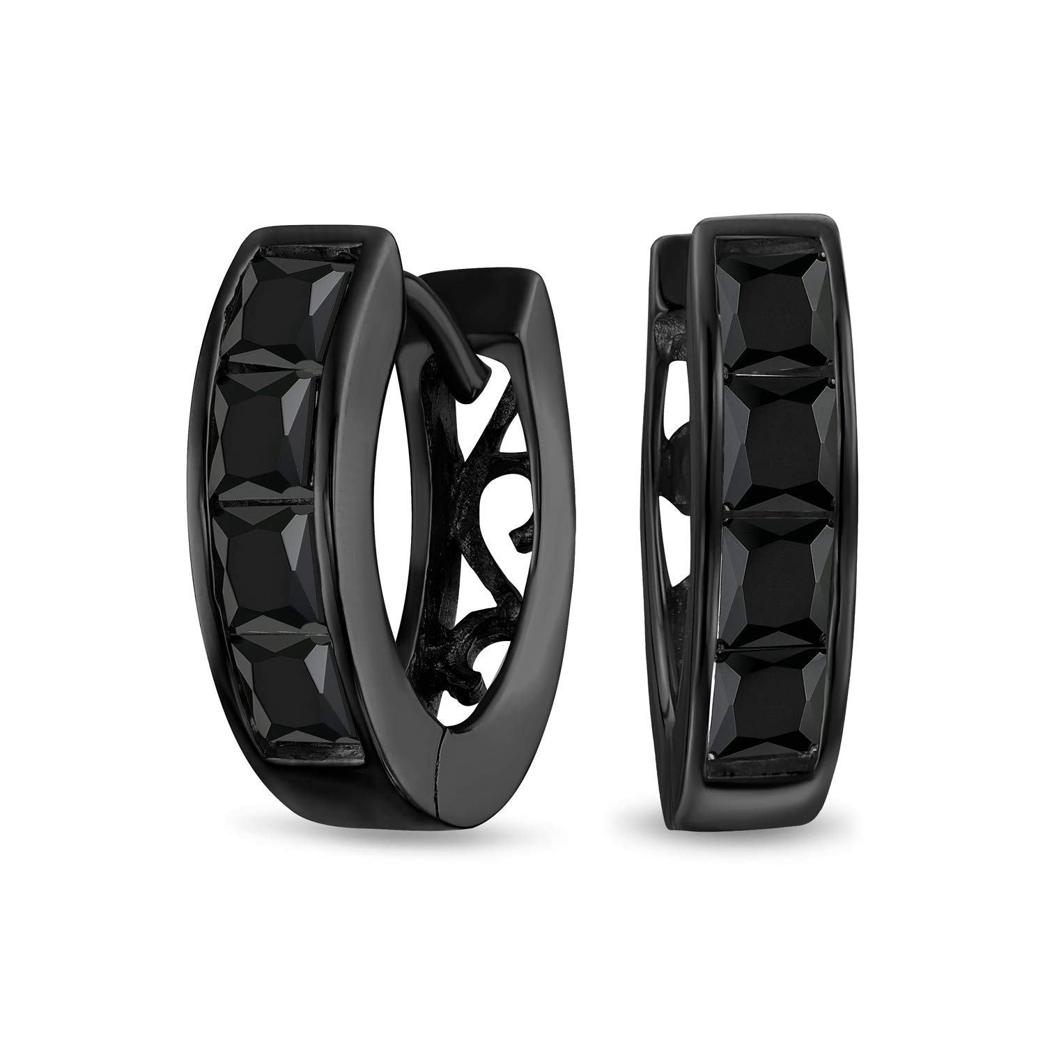 Tiny Small Square Princess Cut CZ Channel Set K-pop Huggie Hoop Earrings For Women Men Black Cubic Zirconia Black Plated .925 Sterling Silver โ image 1