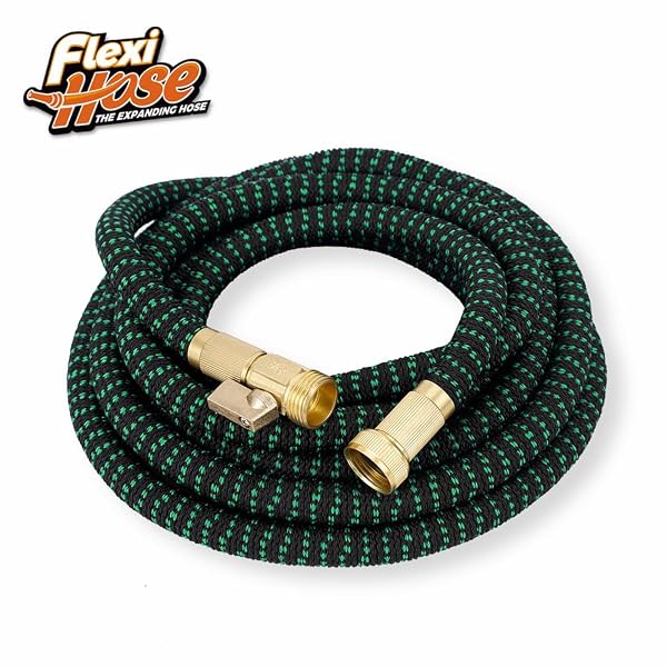FLEXI HOSE WITH 8 FUNCTION NOZZLE, 150FT – LIGHTWEIGHT EXPANDABLE GARDEN HOSE, NO-KINK FLEXIBILITY, 3/4 INCH SOLID BRASS FITTINGS AND DOUBLE LATEX CORE – BLACK AND GREEN