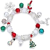 RareLove Christmas Snowflake Charm Beaded Bracelet Stretch Strand Elastic Crystal Silver Tone Dangle Xmas Tree Reindeer Women Holiday Gift