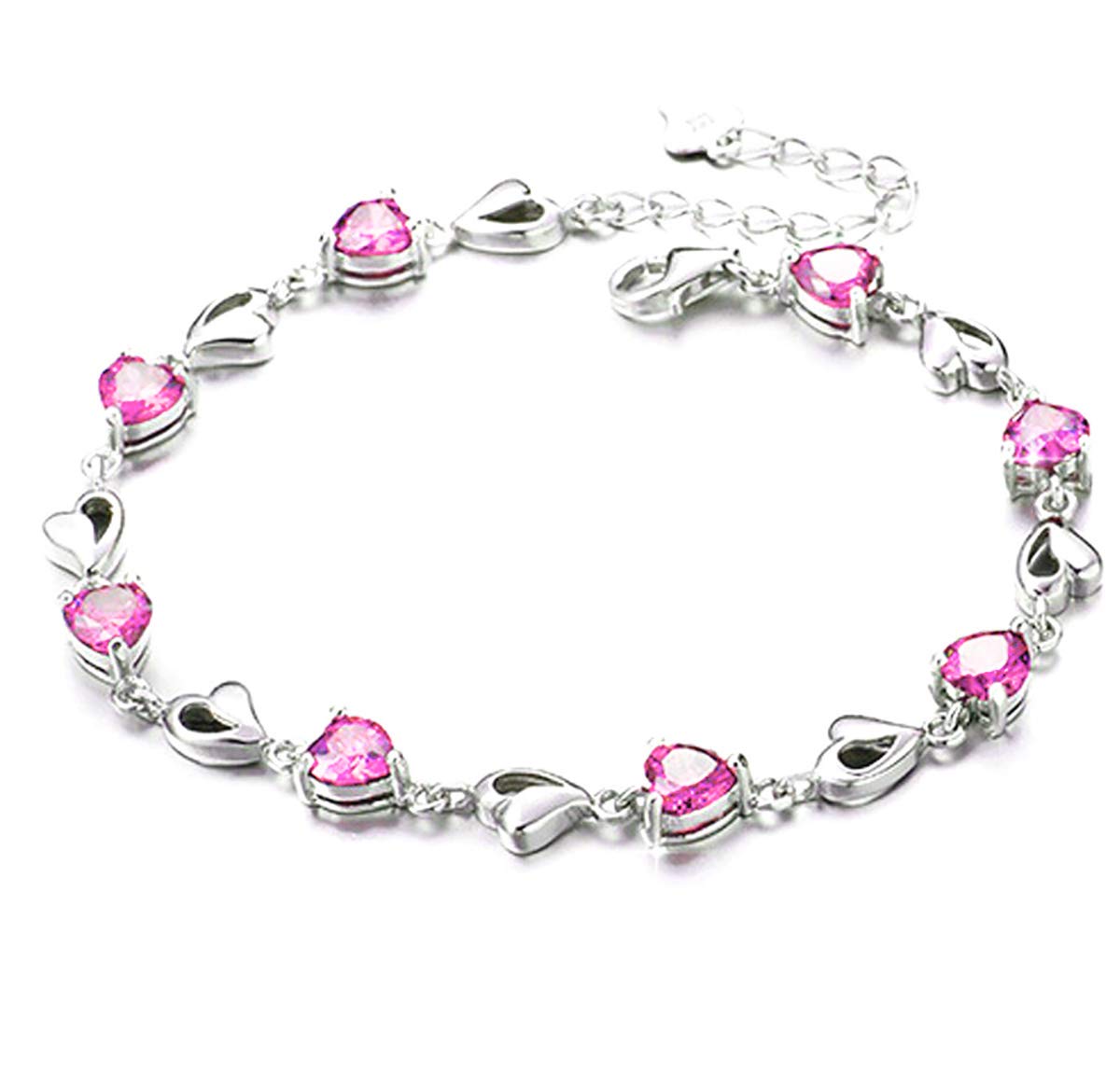 Kaguyo Silver Bracelets for Women - 925 Silver Clear Amethyst Pink and Blue Zirconia Heart Shape Adjustable Infinity Crystal Bracelet for Women Girls- Friendship Birthday Gift (pink)