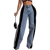 LONGBIDA Women's High Waisted Jeans Two Tone Stretchy Baggy Trendy Wide Leg Denim Pants