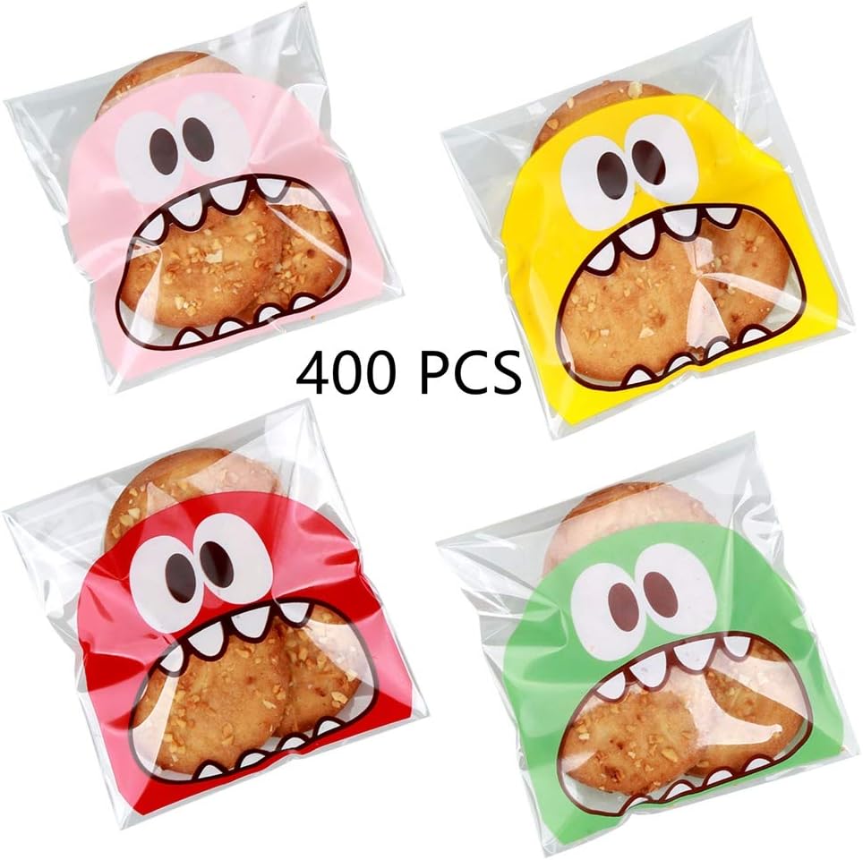 Efivs Arts 400 PCS 4x4 inch Cookie Biscuit Candy Bags Little Monster Self Adhesive Cookie Bakery Decorating favor Bags Roasting Treat Gift DIY Bag，Red&Green&Yellow&Pink for Happy New Year
