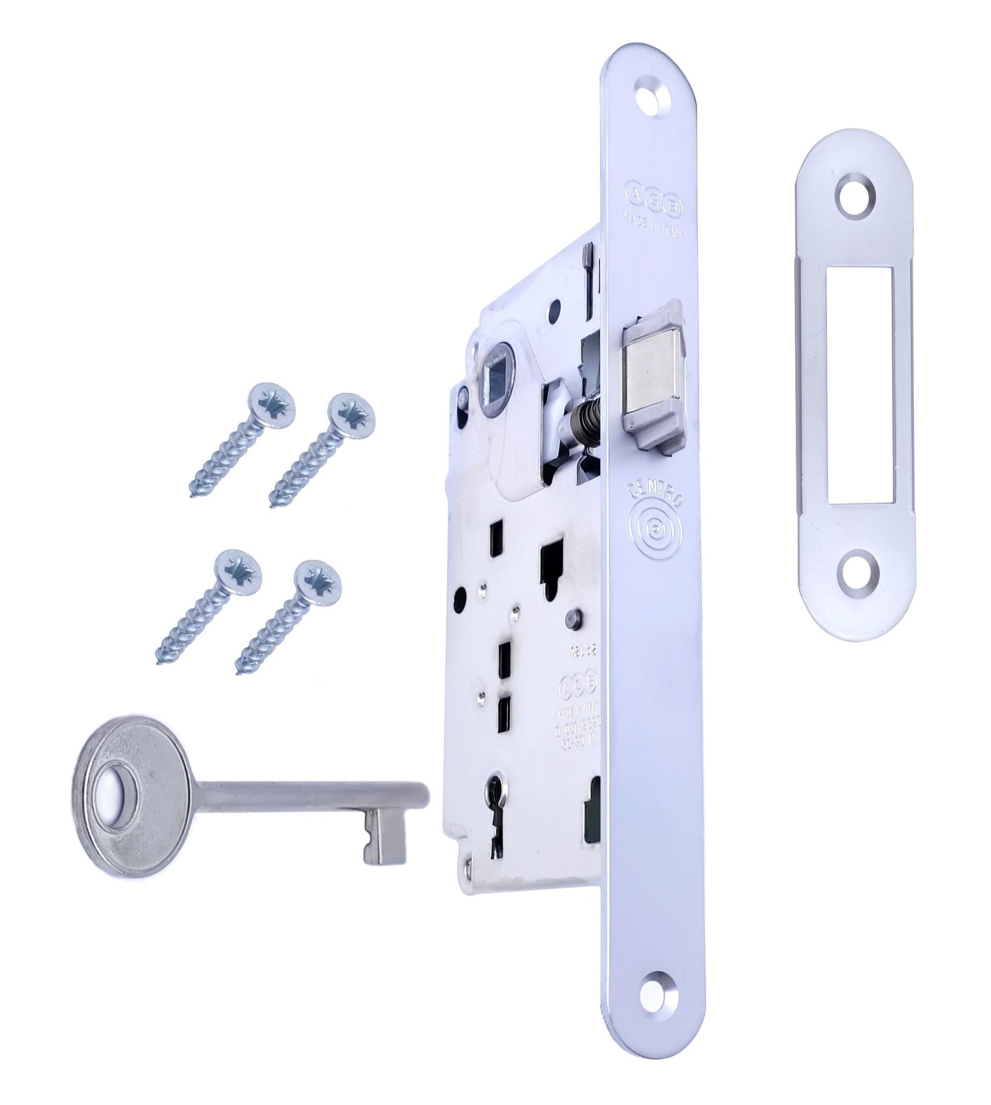 AGB - Center Series Internal Door Lock (Fr. 22x196, In. 90, En. 50, Qu. 8., KEY LOCK, MATT CHROME)