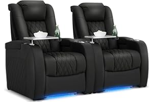 PBRO Home Theater Seating Genuine Leather Recliner Chair, Power Reclining & Headrest, USB A/C Charging Ports, Tray Table, Cup Holder Ambient Lighting 2 Sets Black
