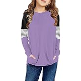 SELINK Girl's Casual Big Kids Long Sleeve Striped Color Block Casual Tees with Pockets