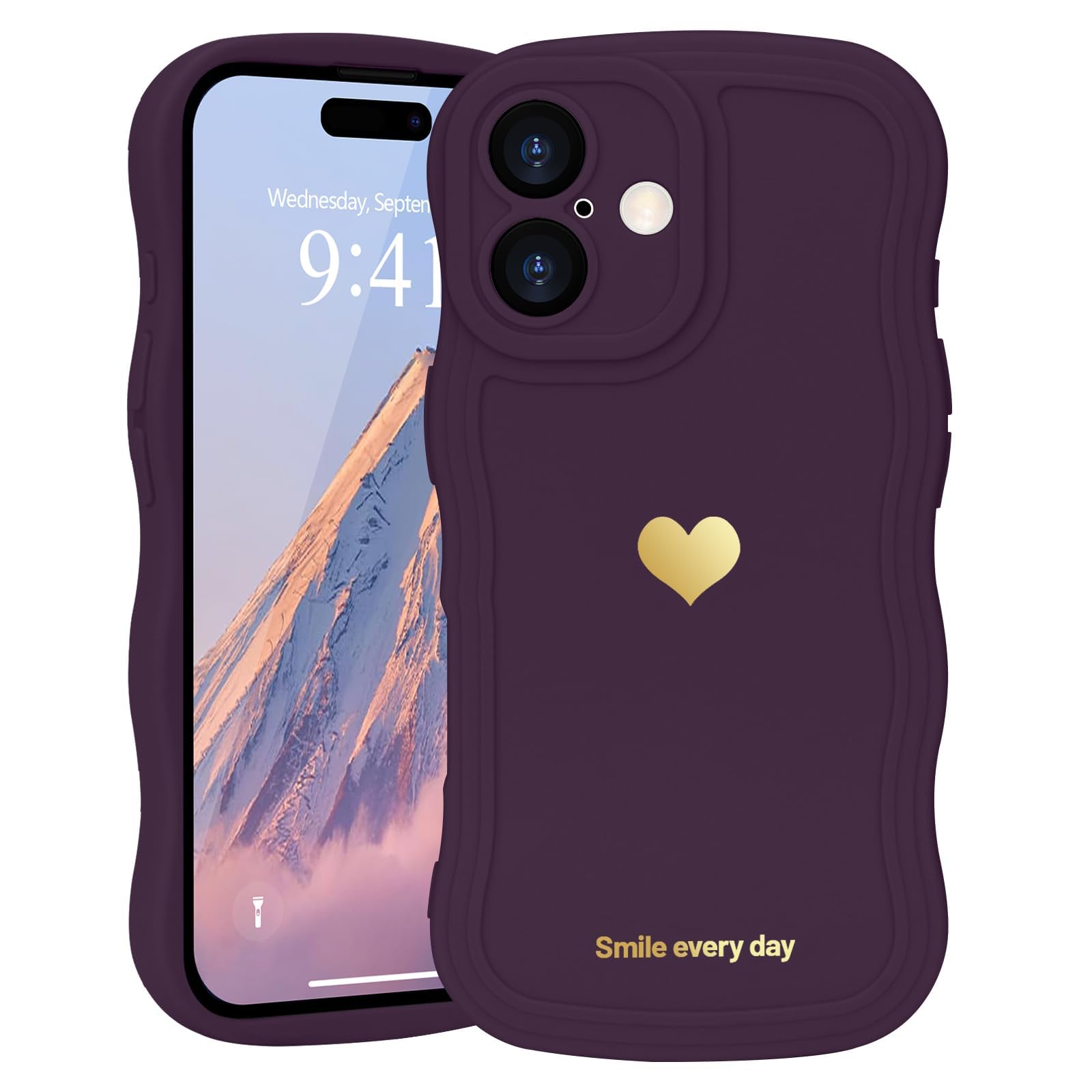 LAPOPNUT for iPhone 16 Plus Case,Cute Curly Wave Frame Love Heart Phone Case for Girls Women,Soft Silicone TPU Bumper Shockproof Camera Protective Cover for iPhone 16 Plus 6.7 inch,Dark Purple