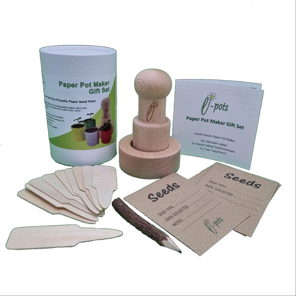 e-pots Paper Plant Pot Maker Set. Plus wooden labels, seed envelopes and twig pencil. Makes fun biodegradable plant pots from scrap paper.