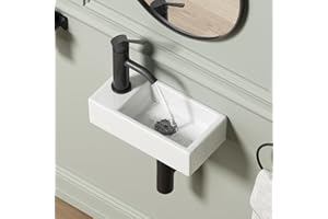 Small Wall Mounted Bathroom Sink, QISHKA 14.5" x 7" Ceramic Rectangar Wall Hung Vessl Sink White Wash Basin, Save Space for Mini Bathroom (Left Hand)