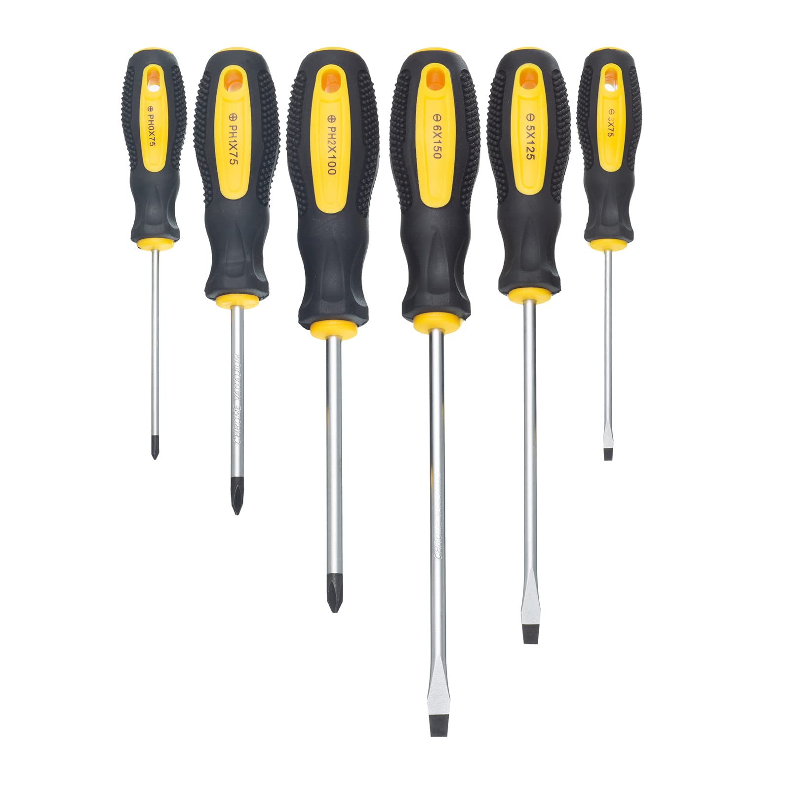 HPMAISON 6pcs Screwdriver Set - Durable Chrome Vanadium Steel with Magnetic Tips - Includes 3 Flat-Head (3x75mm/5x125mm/6x150mm) and 3 Phillips-Head (PH0x75mm/PH1x75mm/PH2x100mm)