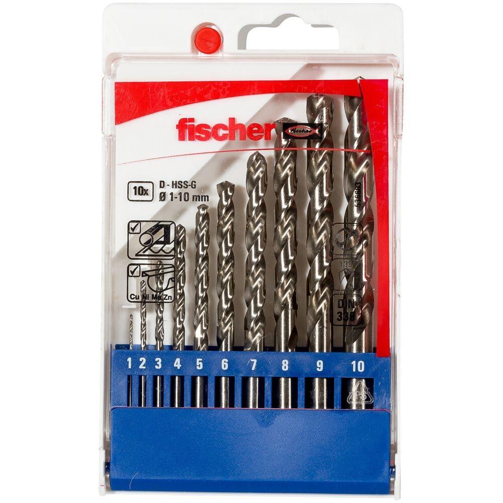 Fischer Drill Bit Set, 1-10 mm Diameter, Different Sizes, Tool for Drilling in Metal & Non Metal, Pack of 10
