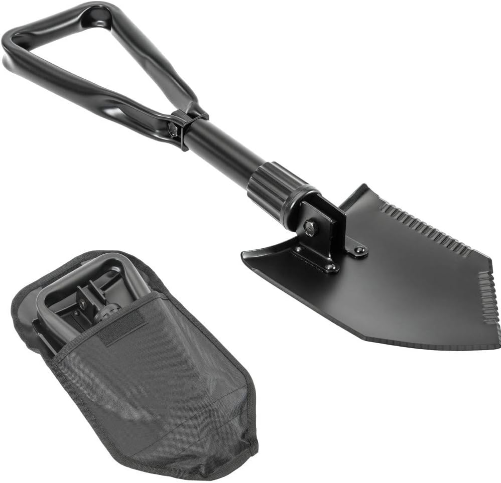 Ationgle Military Camping Folding Shovel with Pick and Saw Carrying Pouch Included