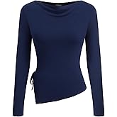 CIDER Boat Neck Tops for Women Asymmetrical Hem Long Sleeve Shirts Bow Tie Crop Tops Slim Fit Trendy Fall Outfits